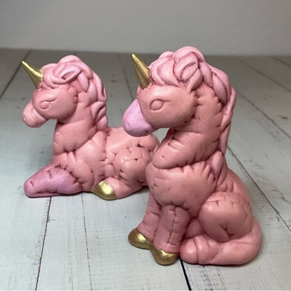 Vintage Hand Painted Ceramic Unicorn Set Pink 60s Nursery Kitsch SIGNED Folk Art